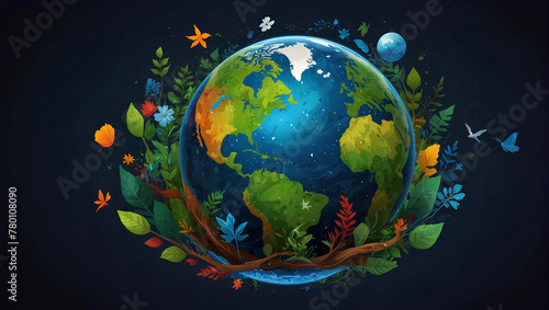 Invest in our planet. Earth day 2023 concept background. Ecology concept. Design with globe map drawing and leaves isolated on white background.