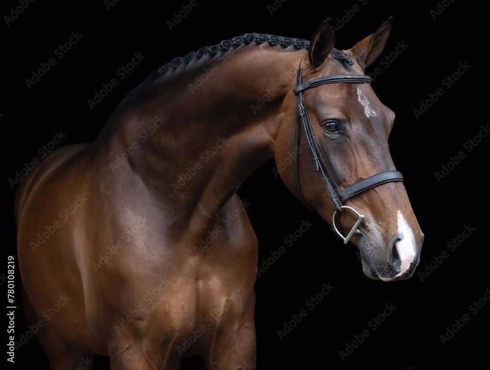 Obraz premiumElegant horse portrait on black backround. horse head isolated on black. Portrait of stunning beautiful horse isolated on dark background. horse portrait close up on black background.studio shot .