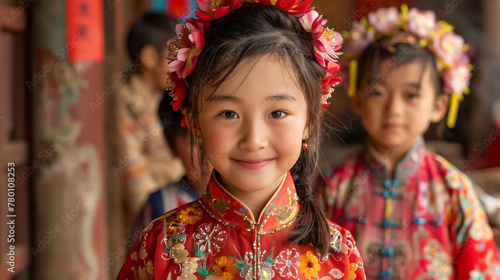 children of china, A smiling young girl in traditional Asian attire poses for the camera with another child in the background wearing a floral headdress 