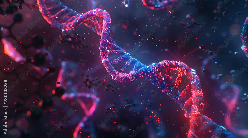a vivid and futuristic representation of a DNA strand surrounded by cellular structures. a vivid and futuristic representation of a DNA strand surrounded by cellular structures.