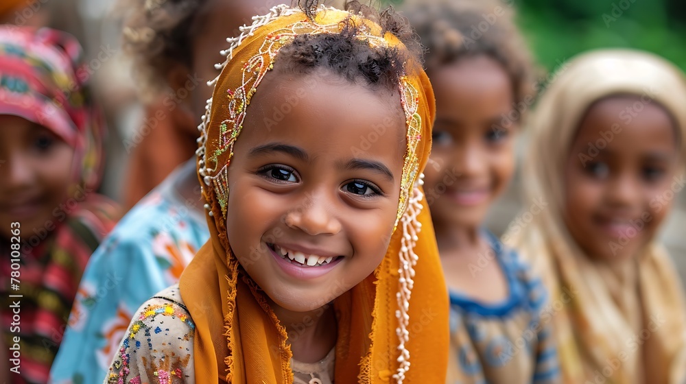 children of comoros, A joyful young girl with a bright smile wearing a colorful headscarf, surrounded by friends in a natural outdoor setting. 