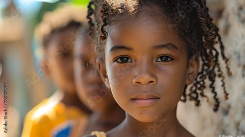 children of cabo verde, A portrait of a young girl with clear eyes in focus, with another child slightly out of focus in the background, conveying a sense of childhood innocence and depth of emotion.  photo