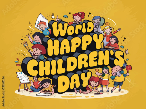Happy children day colorful retro typography with customized vector art illustration