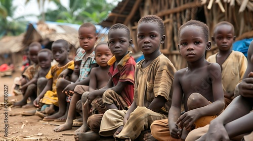 children of central african republic, A group of young children sitting on the ground in a rural village setting with huts in the background.  photo