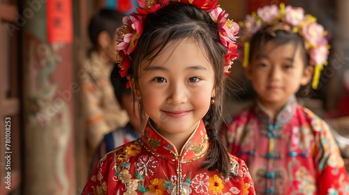 children of china, A smiling young girl in traditional Asian attire poses for the camera with another child in the background wearing a floral headdress 