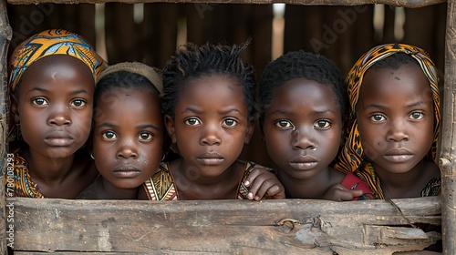 children of congo republic of the, A group of five African children with serious expressions are peering through wooden planks, captured in a close-up portrait.  photo