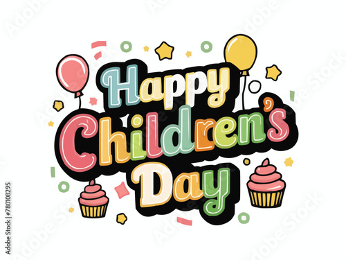 Happy children day colorful retro typography with customized vector art illustration