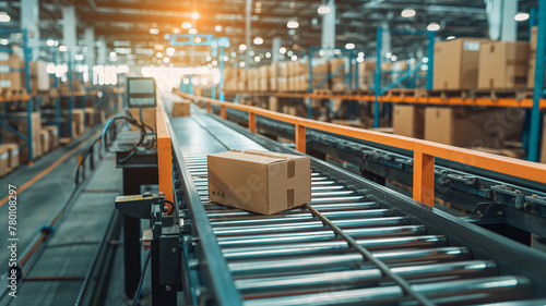 Business concept. conveyor belt in a distribution warehouse with row of cardboard box packages for e-commerce delivery and automated logistics concepts as wide banner with copysapce area.