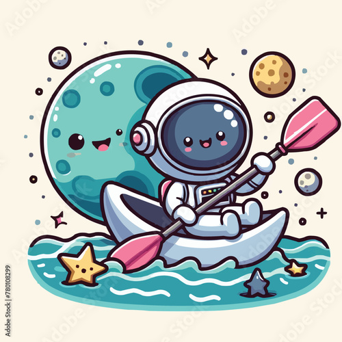Cute astronaut paddling moon boat in space cartoon vector icon illustration. science sport isolated