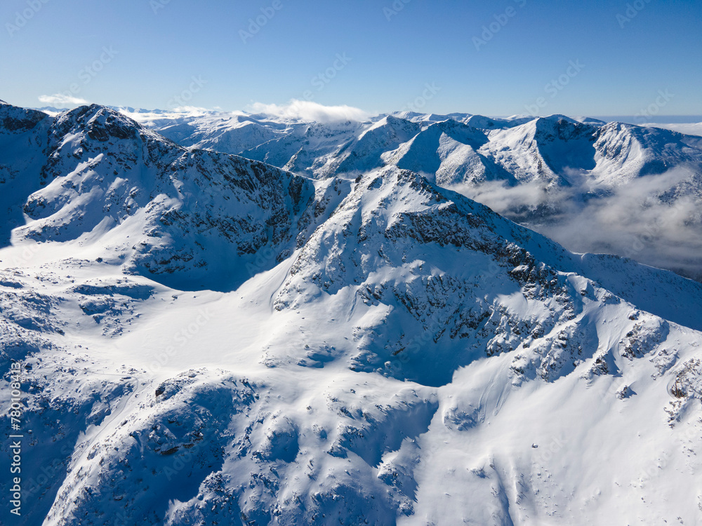Amazing Aerial Winter view of Rila mountain near Musala peak, Bulgaria