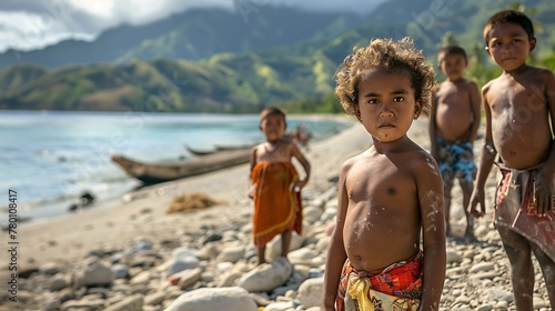 children of east timor, Group of children standing on a tropical beach with a traditional boat in the background, showcasing cultural innocence and natural beauty 