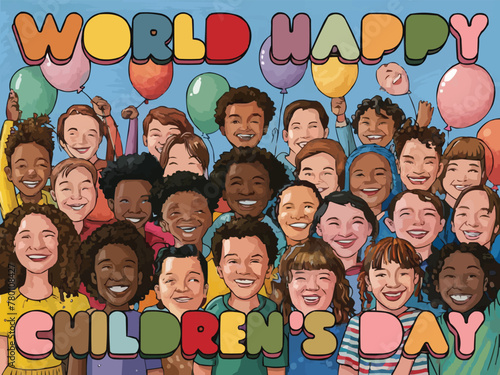 Happy children day colorful retro typography with customized vector art illustration