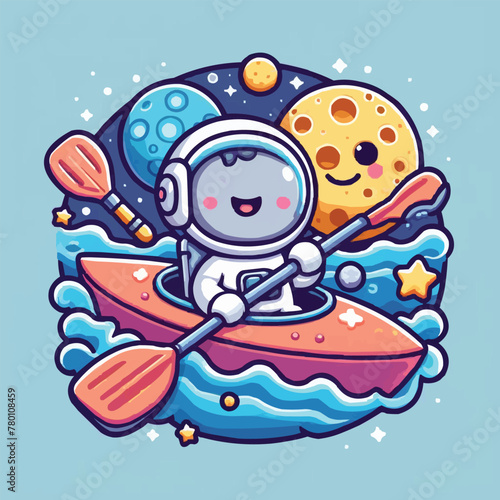 Cute astronaut paddling moon boat in space cartoon vector icon illustration. science sport isolated