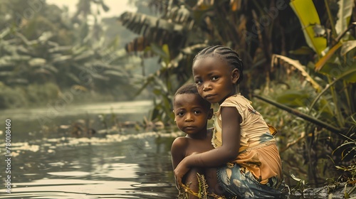 children of equatorial guinea, Two young children embracing by a tranquil river amidst lush greenery in a serene natural setting.  photo