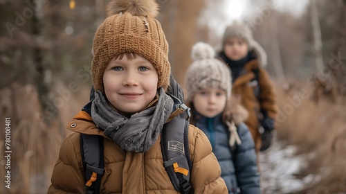 children of estonia, A group of children wearing winter clothing and backpacks smiles as they hike through a forested path during the fall season. 