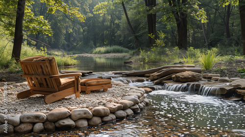 Fashioned from gnarled branches and supple deer hide, a rustic Adirondack chair nestled beside a tranquil woodland stream offers a rustic retreat infused with natural charm and rustic allure-1