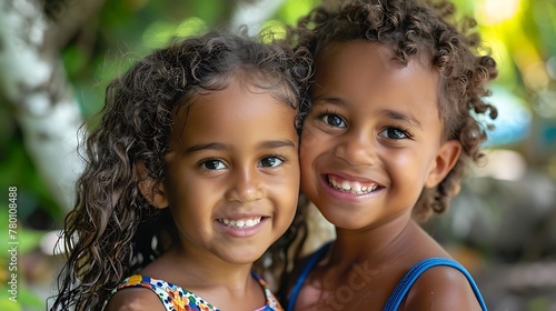 children of fiji, Two cheerful young siblings with curly hair smile brightly in a lush outdoor setting.  photo