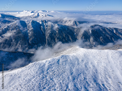 Aerial Winter view of Rila mountain near Musala peak, Bulgaria