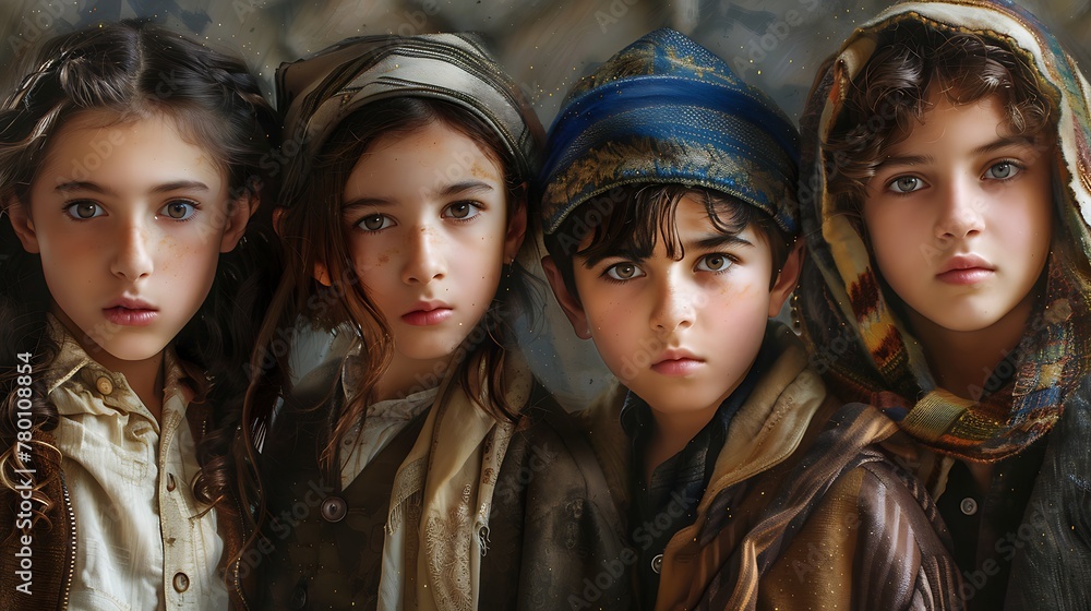 children of israel, Vintage style portrait of four young children with intense gazes and period clothing, exuding old-world charm and innocence. 