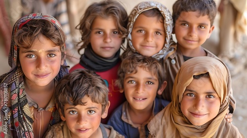 children of jordan, Group of smiling children from diverse ethnic backgrounds posing together in an outdoor setting. 