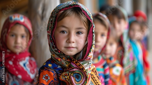 children of kazakhstan, A line of young children in colorful traditional outfits with a focus on a girl in the foreground looking at the camera. 