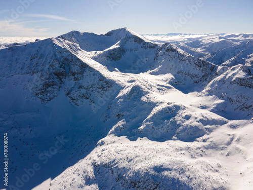 Aerial Winter view of Rila mountain near Musala peak  Bulgaria