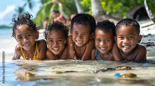 children of kiribati, Five cheerful children lie side by side in shallow beach water, smiling at the camera on a sunlit day.  photo