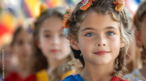 children of luxembourg, A portrait of a young girl with striking blue eyes and floral hair accessories smiling subtly in a colorful, blurred background setting  photo