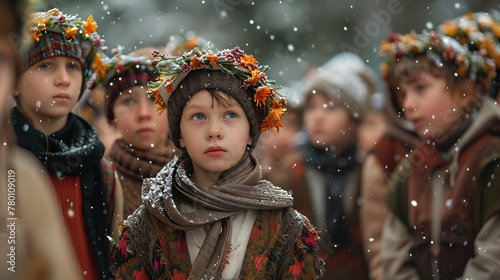 children of lithuania, A group of children wearing traditional floral wreaths stand in the snow, with a focus on a young girl gazing into the distance.  photo