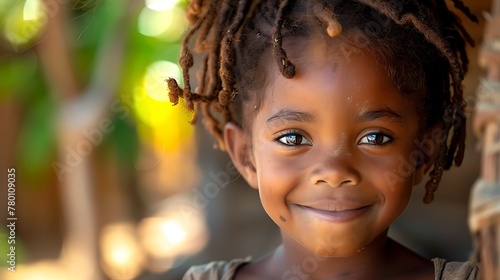 children of madagascar, A smiling young girl with dreadlocks posing against a blurred natural background. 
