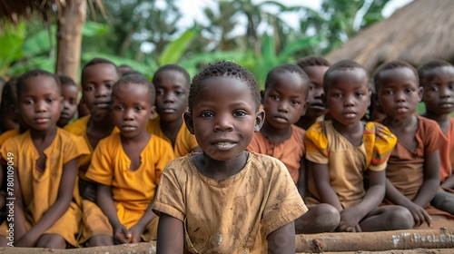 children of malawi, A group of African children with a young girl in focus, sitting in front of traditional huts in a rural setting. 