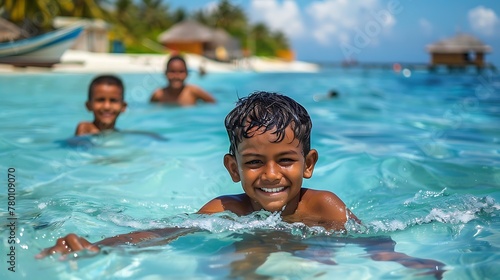 children of maldives  Three children play and smile in clear  shallow ocean waters with tropical huts in the background  depicting a fun family vacation. 
