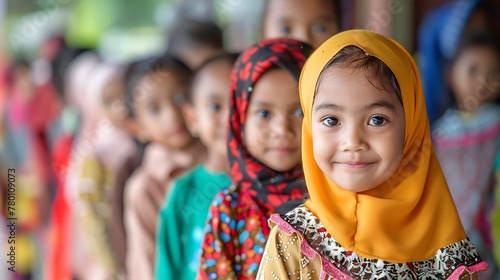 children of malaysia, A group of smiling children in colorful traditional attire lined up in a row