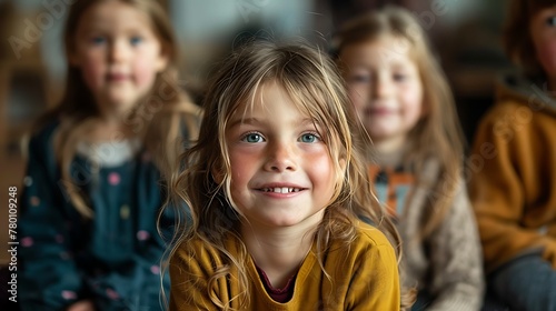 children of netherlands, A group of young children smiling with focus on a happy girl in the foreground inside a cozy room 