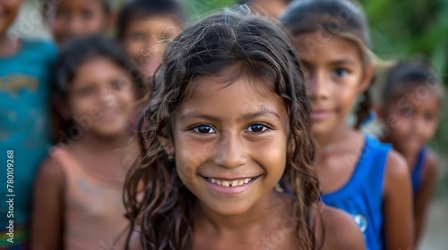 children of nicaragua, A smiling young girl in sharp focus with a group of children blurred in the background captures a moment of joy and childhood innocence. 