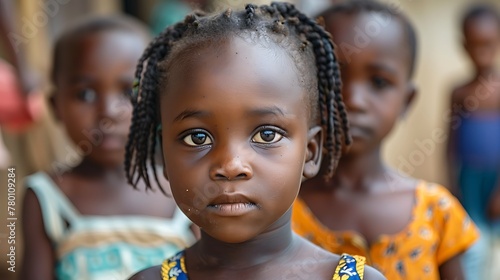 children of nigeria, A young child with striking eyes stands in a group of peers, conveying innocence and curiosity.  photo