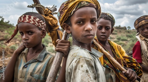 children of ethiopia, A group of serious-looking African children standing together with sticks over their shoulders against a rural backdrop. 