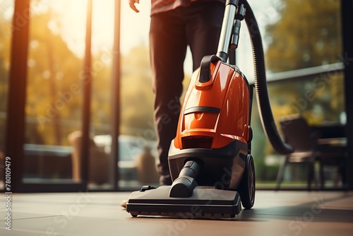 Close-up of a man vacuuming the floor at home