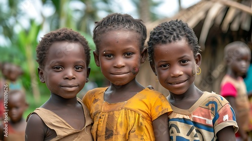 Children of Sierra Leone. Three smiling African children standing together in a village setting. 