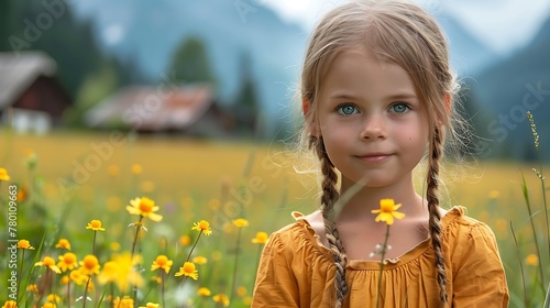 Children of Slovenia. Portrait of a smiling young girl in a yellow dress standing in a field of yellow flowers with mountains in the background. 