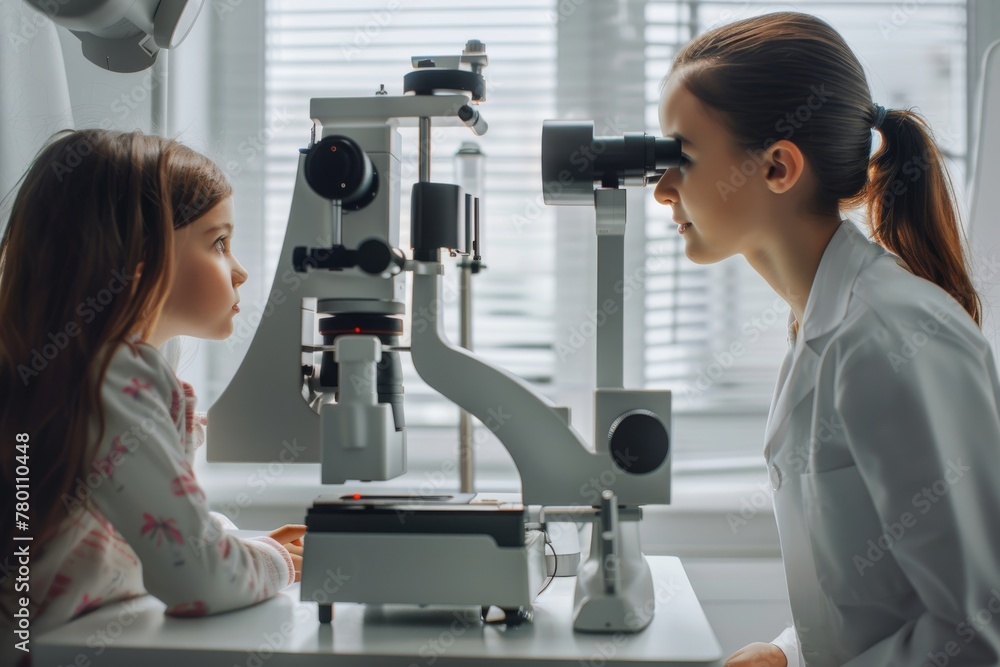 Young patient undergoing an eye examination at optometrist with clinical ophthalmology equipment. Child Eye Checkup at Optometrist and Modern Eye Clinic Room Young patient undergoing an eye examination at optometrist with clinical ophthalmology equipment. Child Eye Checkup at Optometrist and Modern Eye Clinic Room