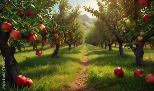 An apple orchard, trees with ripe apples on them.