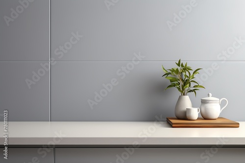Wooden table with vases and plants. 3d rendering mock up