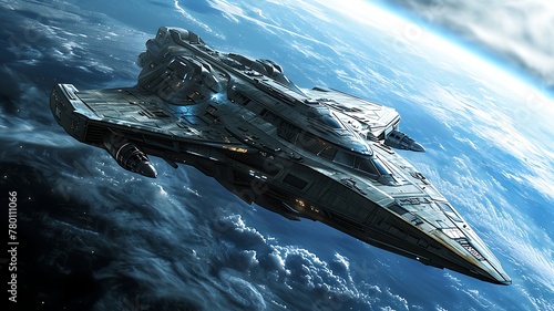 Fototapeta Naklejka Na Ścianę i Meble -  A Futuristic Orbital Space Station Orbiting Earth: Humanity's Leap into the Cosmos