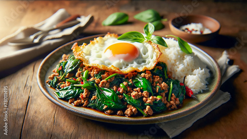 Pad Kaprao Moo Kai Dao, featuring stir-fried holy basil with minced pork photo