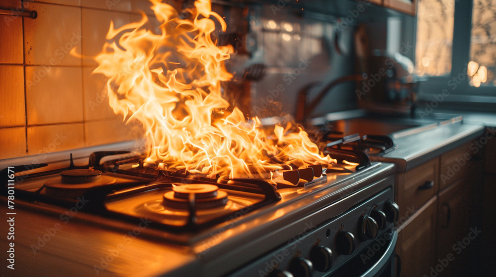 the kitchen is on fire. fire on the stove. the kitchen is on fire. fire on the stove.