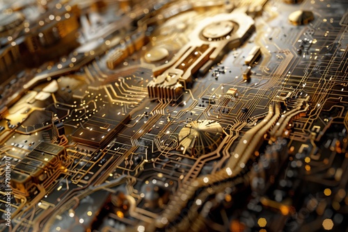 Intricate golden circuitry landscape, symbolizing advanced technology and connectivity