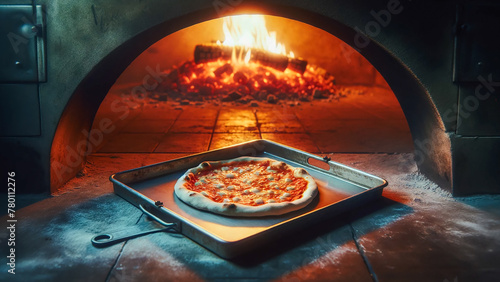 handle holding a raw pizza, carefully placed inside an oven for roasting on fire.