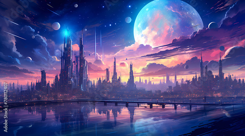 Futuristic Cityscape with Vibrant Sunset and Planets