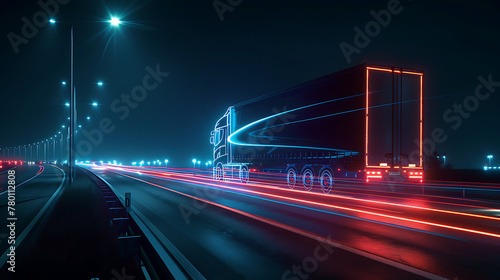 a nighttime scene where a large truck is moving along a road illuminated by streetlights. © DigitaArt.Creative